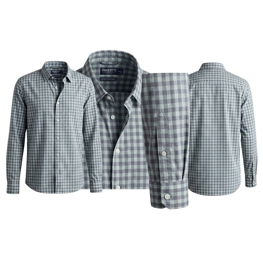 Faherty Movement‎ Shirt Men's XXL Sage Gray Gingham Plaid Performance Stretch